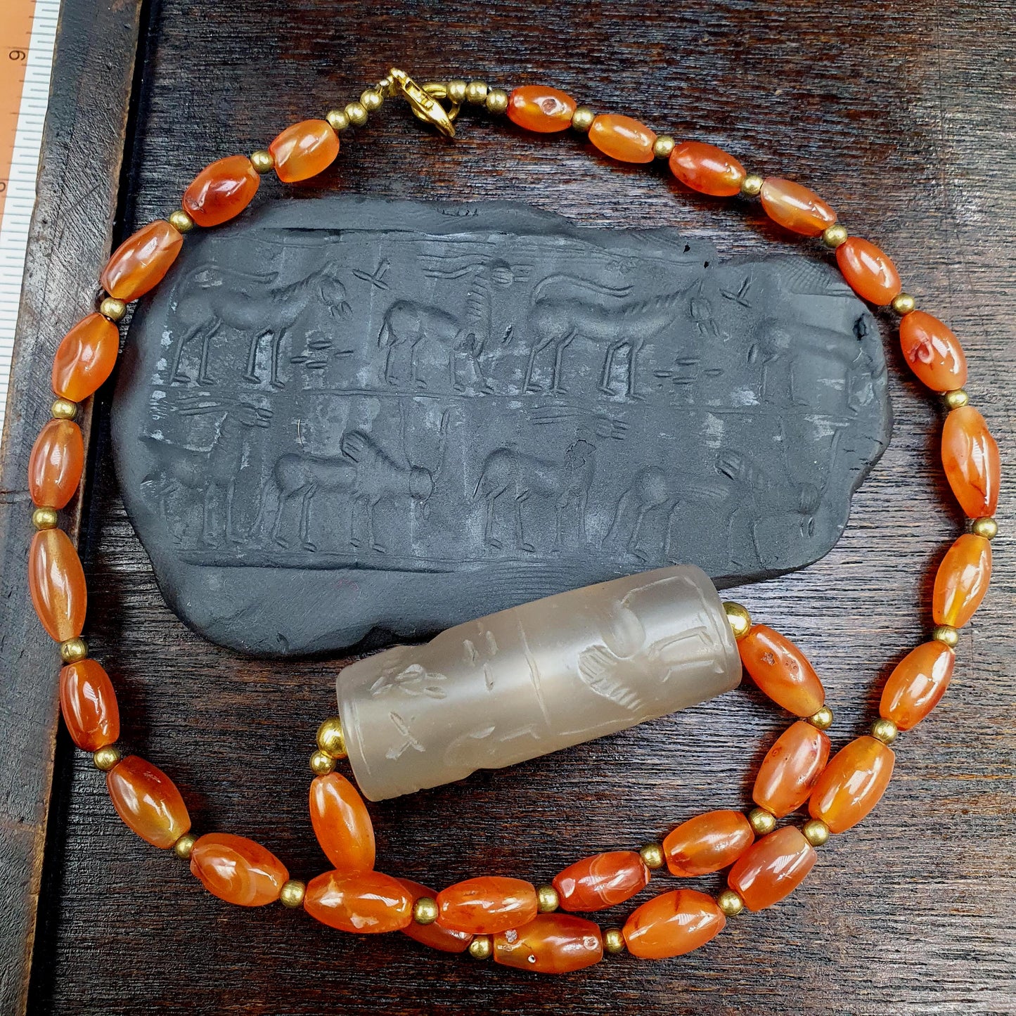 Translucent Chalcedony Cylinder Seal Necklace | Hand-Carved Mesopotamian Animal Motif | Historical Statement Jewelry