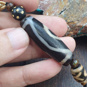 Rare Authentic Tibetan Style 3-Eye Dzi Bead – Natural Himalayan Agate – Weathered "Dragon Skin" Texture – Trinity of Fortune Amulet