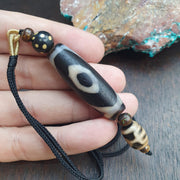 Rare Authentic Tibetan Style 3-Eye Dzi Bead – Natural Himalayan Agate – Weathered "Dragon Skin" Texture – Trinity of Fortune Amulet