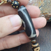 Rare Authentic Tibetan Style 3-Eye Dzi Bead – Natural Himalayan Agate – Weathered "Dragon Skin" Texture – Trinity of Fortune Amulet