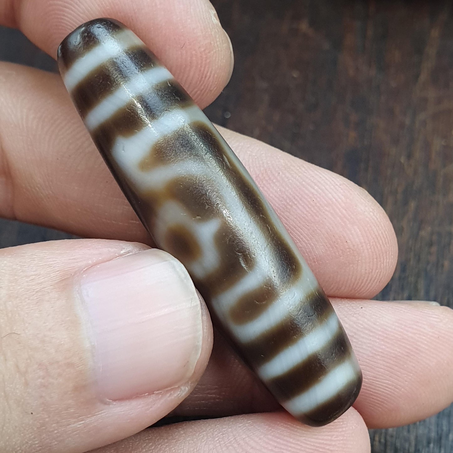Rare Authentic Tibetan 3 Eye Dzi Bead Weathered Patina Wealth Health & Longevity Amulet
