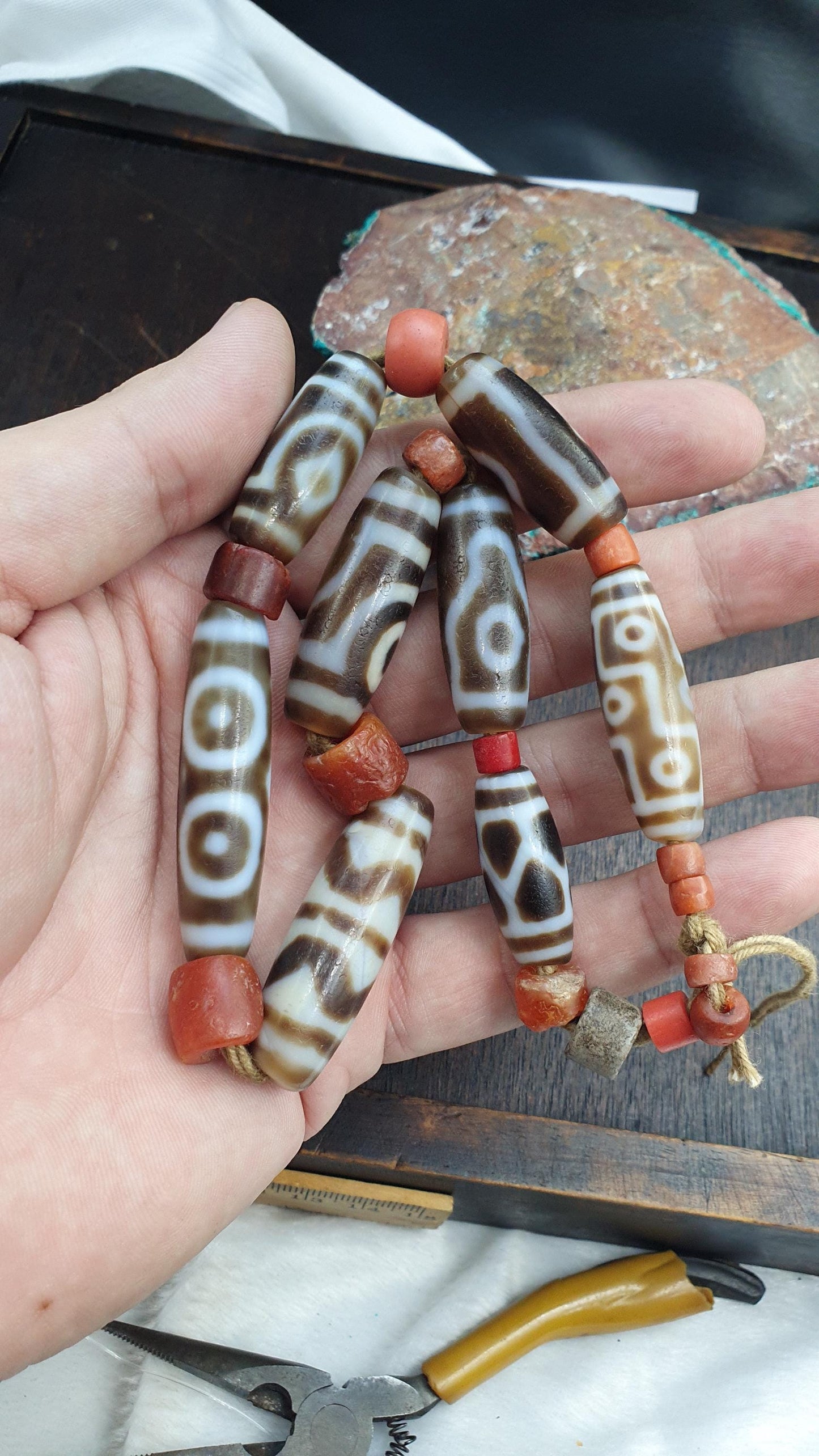 8 Tibetan Eye Dzi Beads with Antique Coral and Carnelian Beads Mala necklace