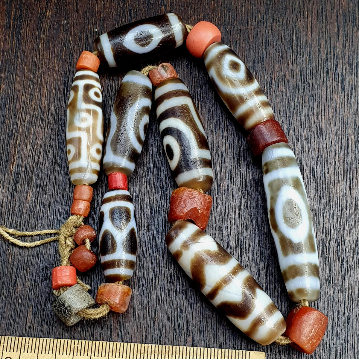 8 Tibetan Eye Dzi Beads with Antique Coral and Carnelian Beads Mala necklace