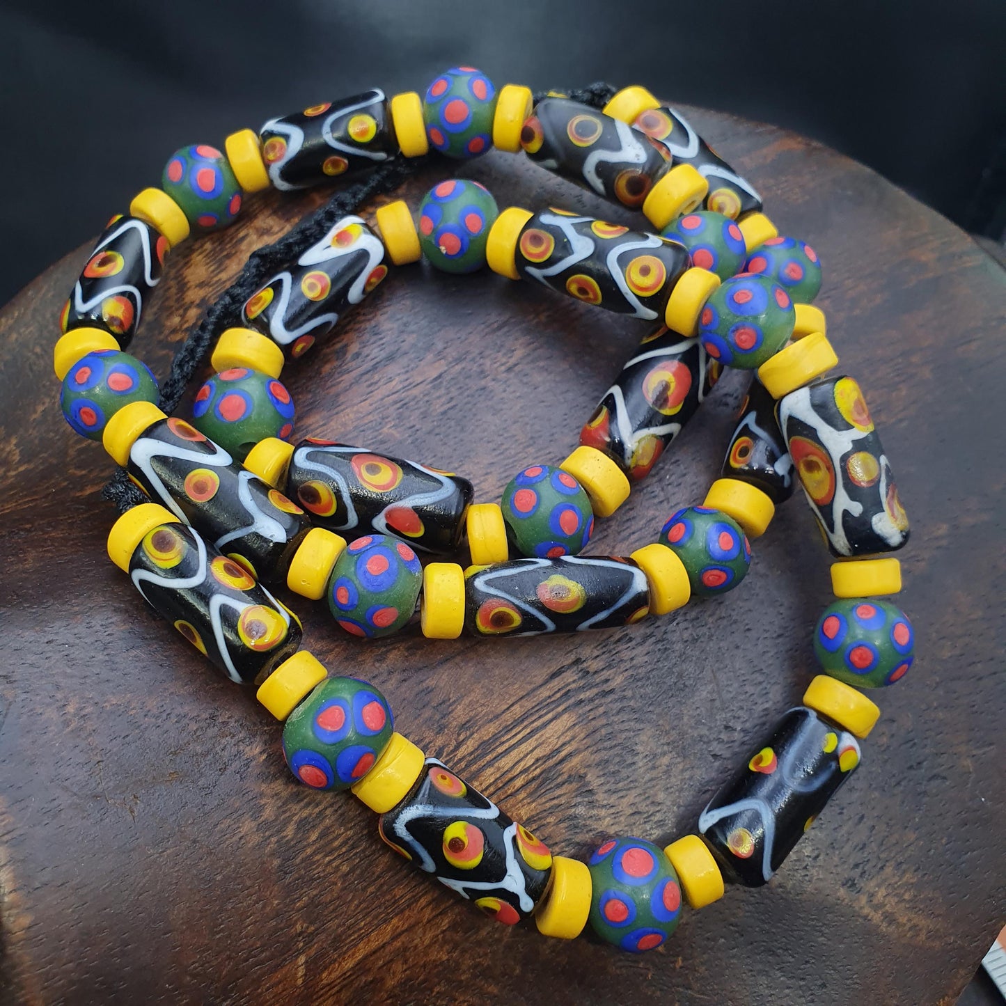 Vintage venetian style skunk millefiori fancy glass beads Necklace Yellow Discs African beads  28" gift