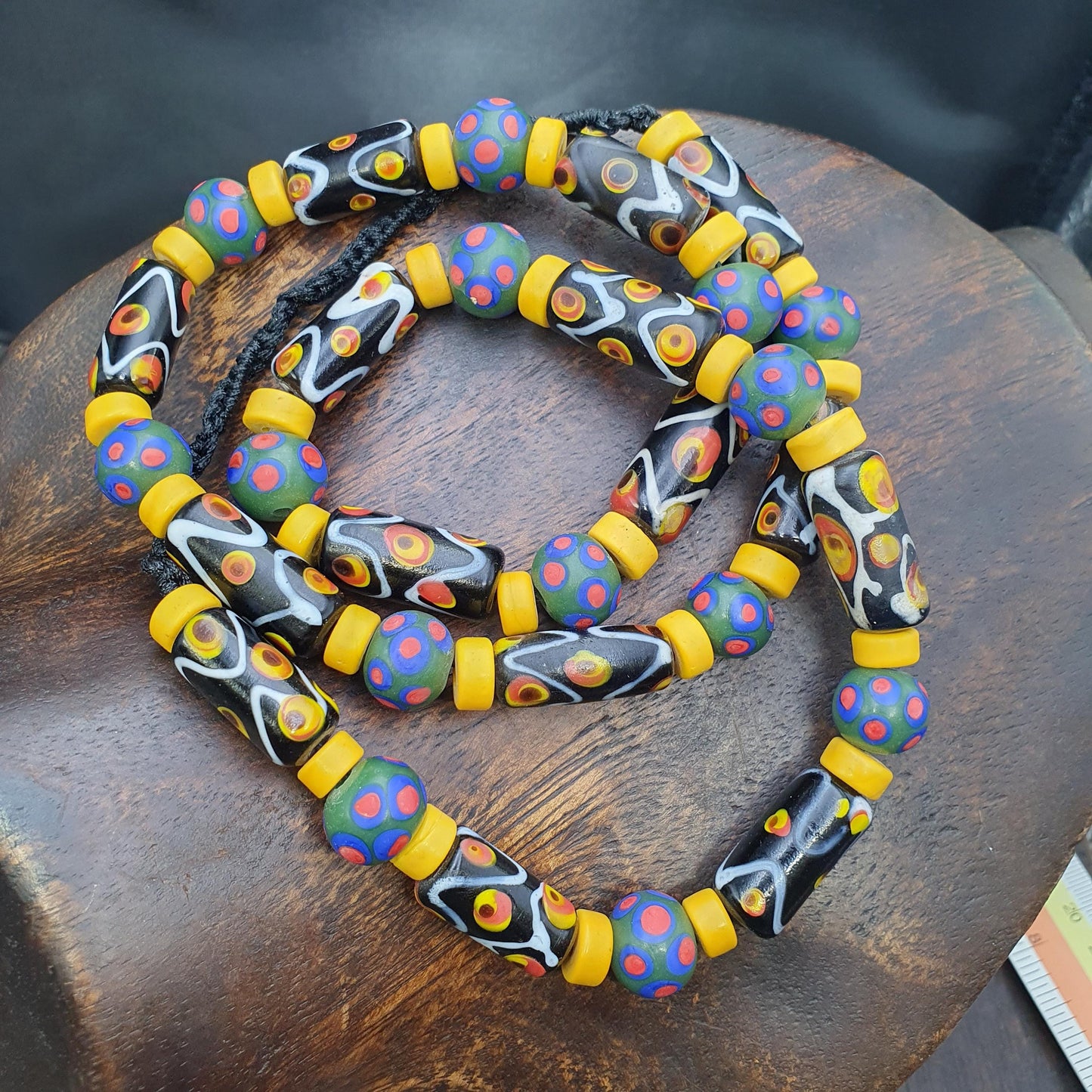 Vintage venetian style skunk millefiori fancy glass beads Necklace Yellow Discs African beads  28" gift