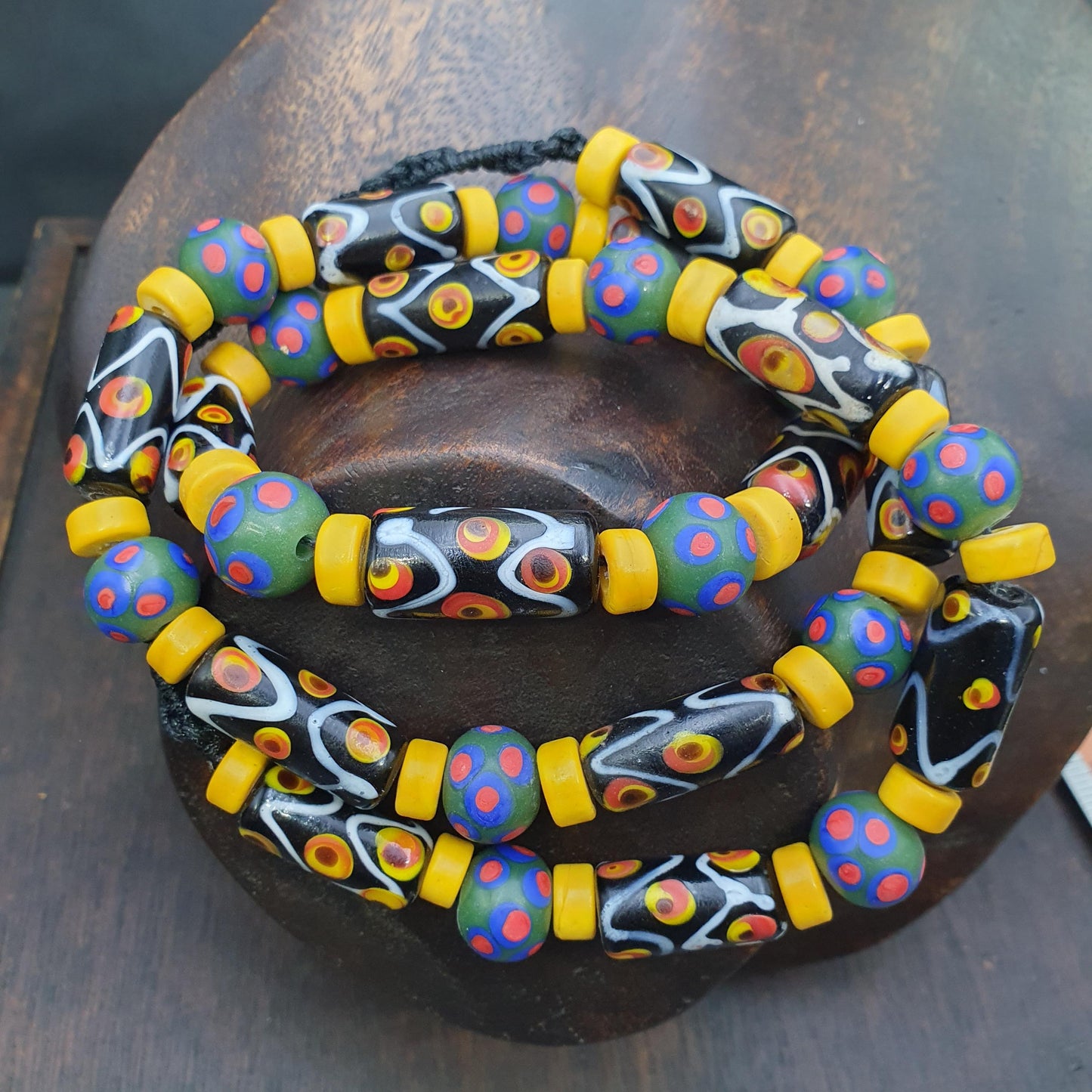 Vintage venetian style skunk millefiori fancy glass beads Necklace Yellow Discs African beads  28" gift