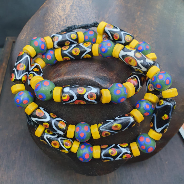 Vintage venetian style skunk millefiori fancy glass beads Necklace Yellow Discs African beads  28" gift