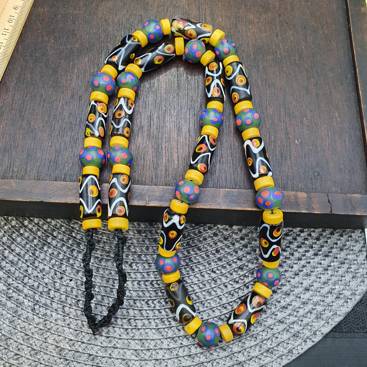 Vintage venetian style skunk millefiori fancy glass beads Necklace Yellow Discs African beads  28" gift