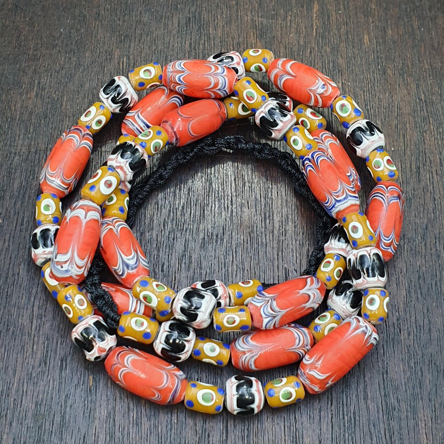 Venetian Millefiori Style Feather Beads Necklace – Yellow Skunk Eyes beads  28"
