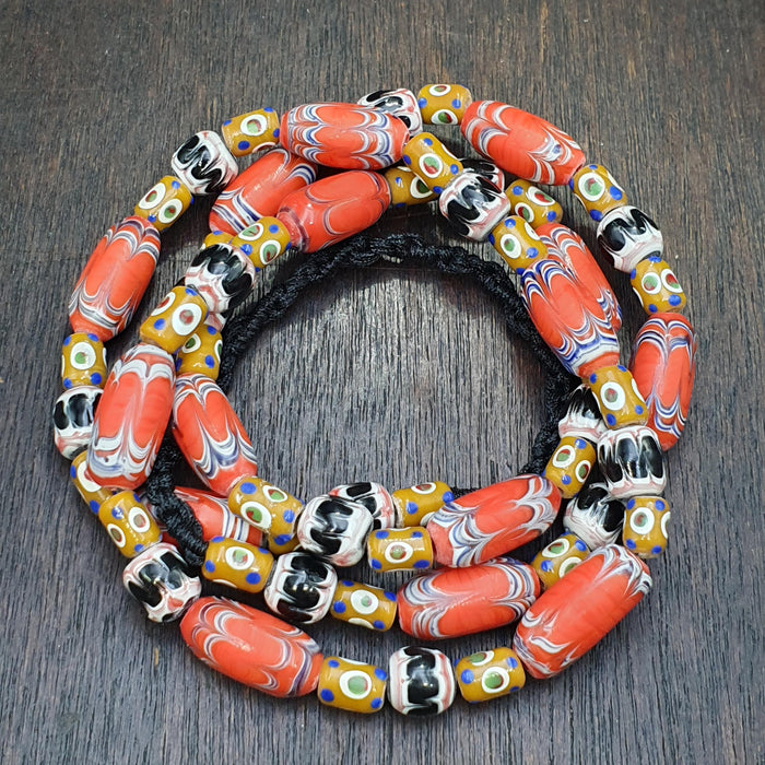 Venetian Millefiori Style Feather Beads Necklace – Yellow Skunk Eyes beads  28"