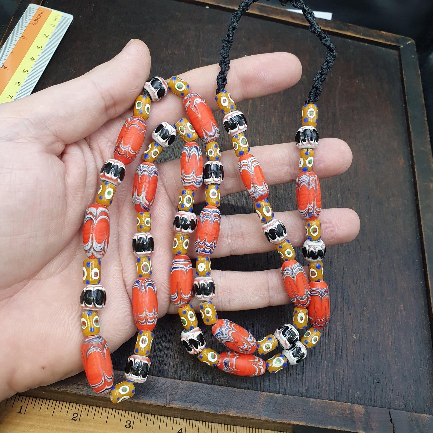Venetian Millefiori Style Feather Beads Necklace – Yellow Skunk Eyes beads  28"