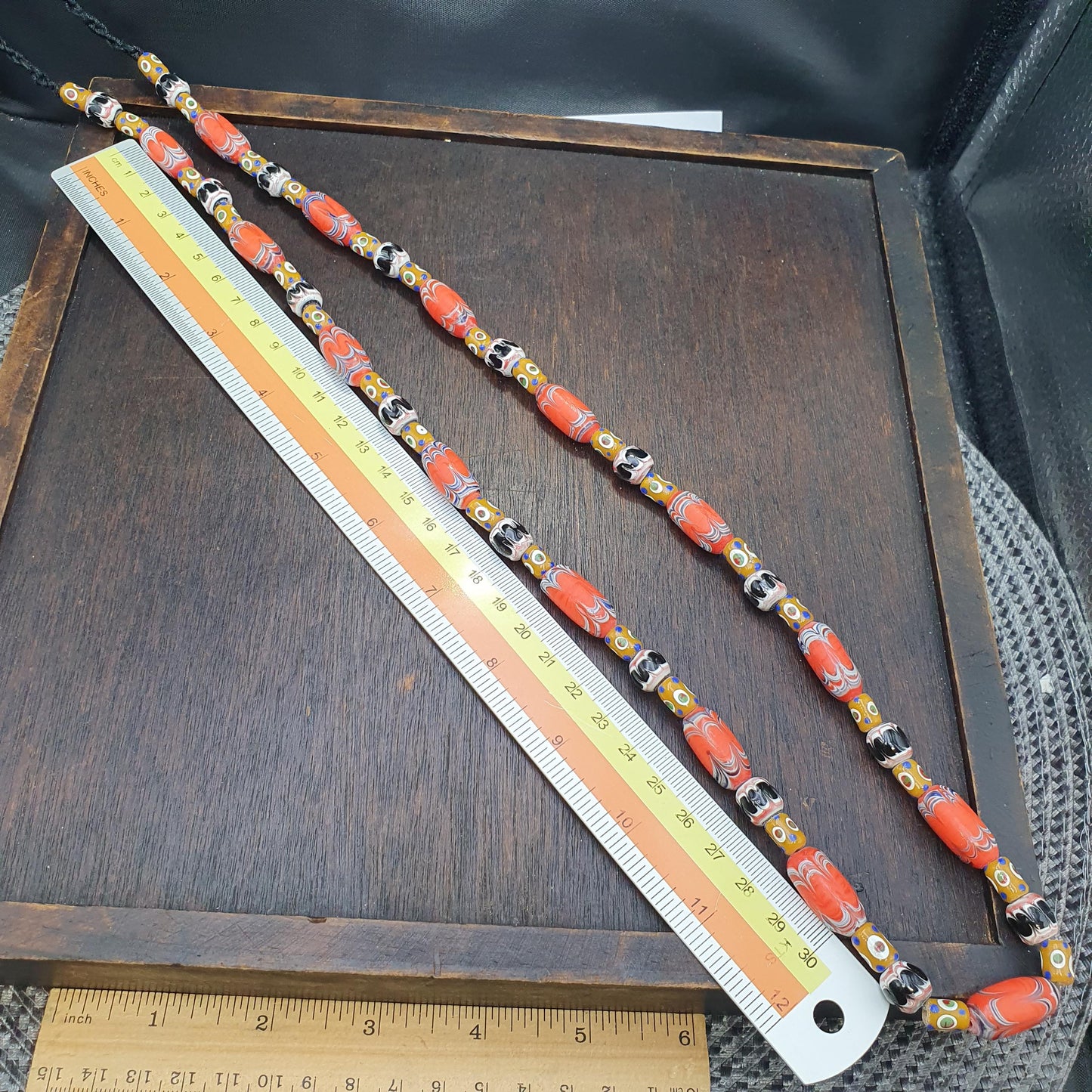 Venetian Millefiori Style Feather Beads Necklace – Yellow Skunk Eyes beads  28"
