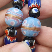 Vintage Venetian Style millefiori fancy and Chevron glass beads 10-15mm 24" necklace .