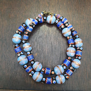 Vintage Venetian Style millefiori fancy and Chevron glass beads 10-15mm 24" necklace .