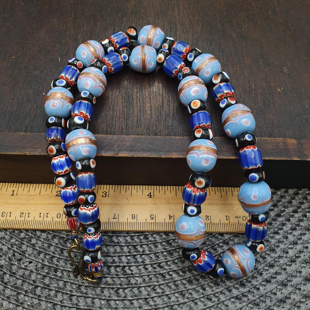 Vintage Venetian Style millefiori fancy and Chevron glass beads 10-15mm 24" necklace Gift