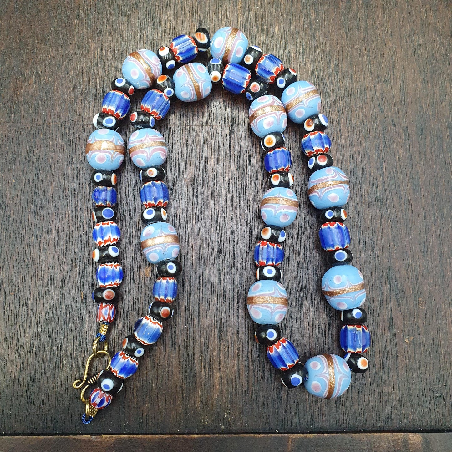 Vintage Venetian Style millefiori fancy and Chevron glass beads 10-15mm 24" necklace Gift