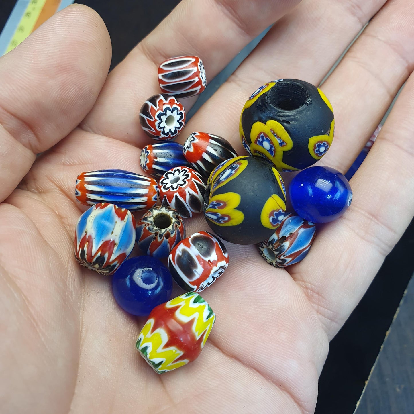Venetian Style Chevron Beads, Layered Rosetta Glass Beads, Mixed African Trade Beads, Red Blue Green Millefiori, Jewelry Making Supplies