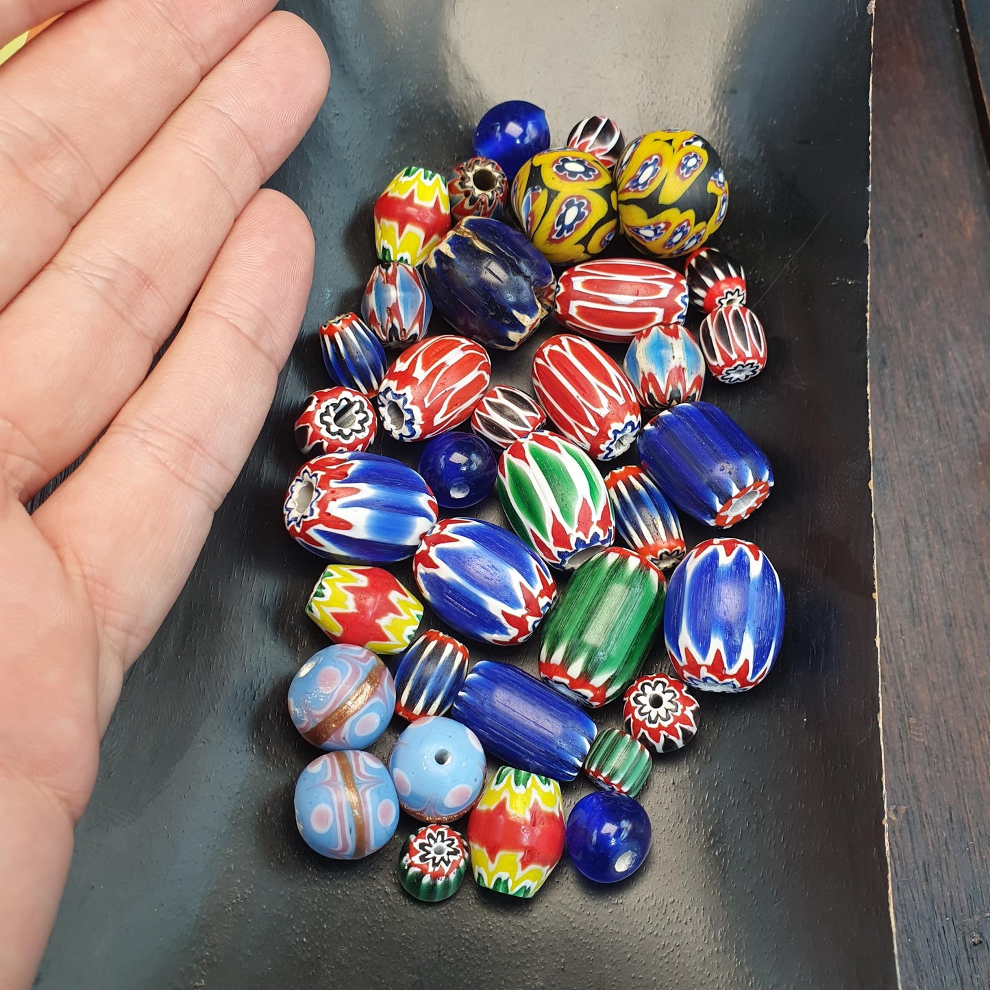 Venetian Style Chevron Beads, Layered Rosetta Glass Beads, Mixed African Trade Beads, Red Blue Green Millefiori, Jewelry Making Supplies