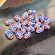 Rosetta Glass Beads, Venetian Chevron Focals | Cane Construction | Oval Barrel, 20 Pc, Red White Blue