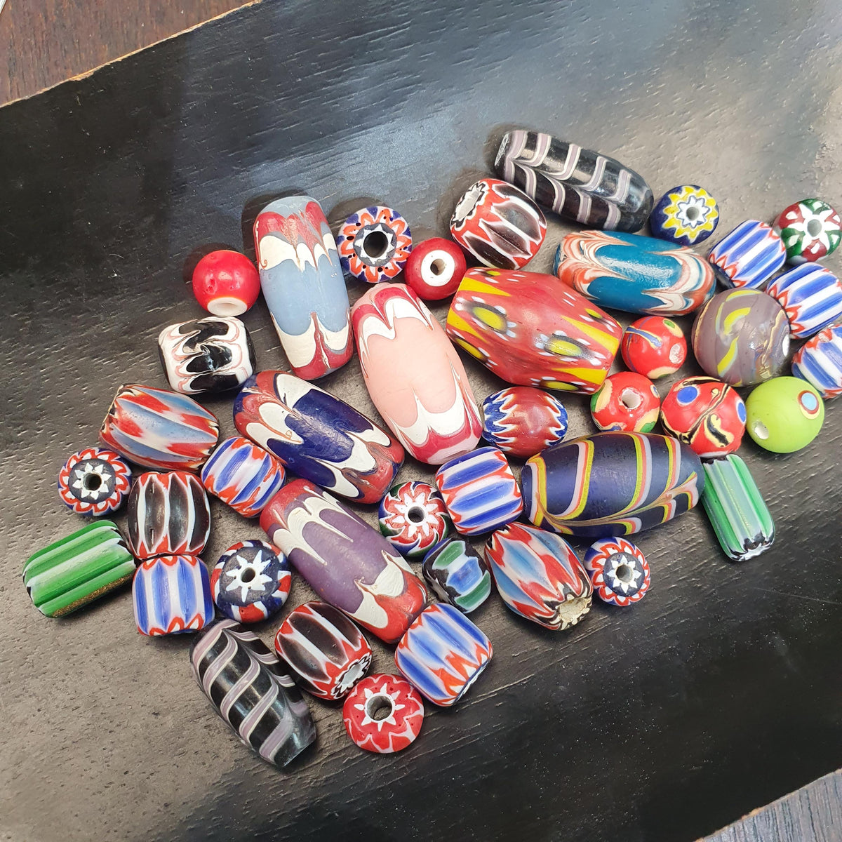 Venetian Style Trade Bead Mix, Colorful Chevron and Rosetta Glass Beads, Fancy Lampwork Feather Beads, Tribal Jewelry Supplies
