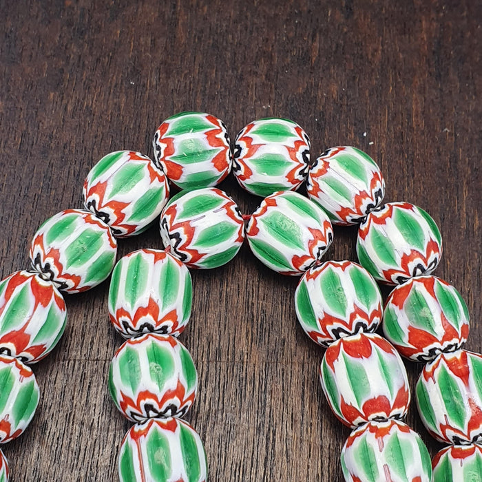Big size vintage venetian style old green chevron glass beads long strand