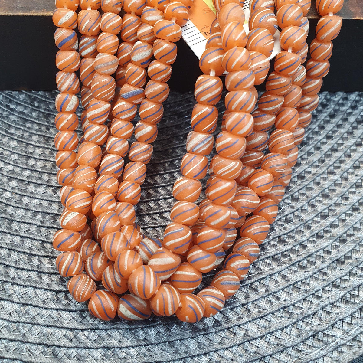 Venetian Style Beads, Striped African Inspired Trade Strand | Lampwork Glass | Orange Blue White, High-Volume