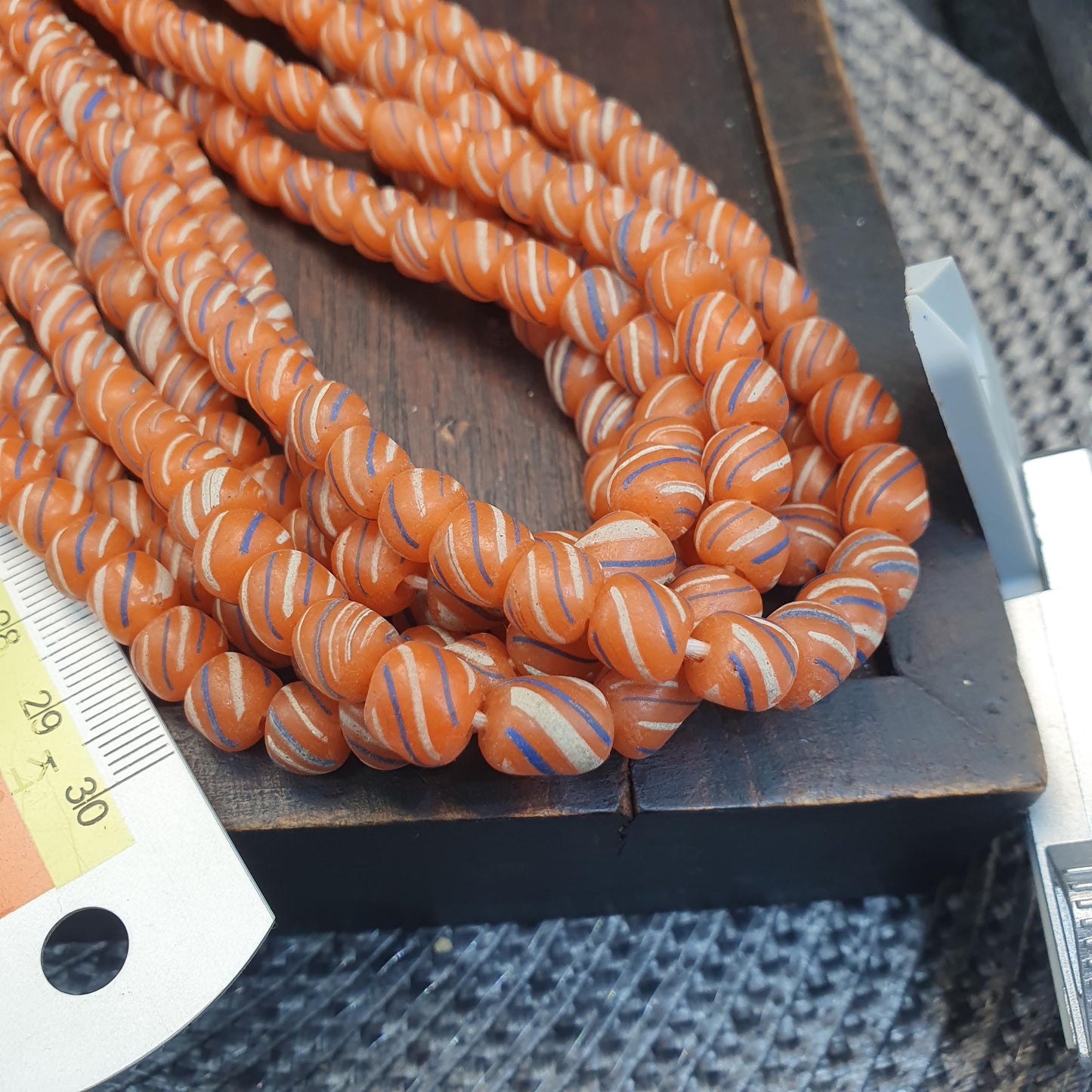 Striped Venetian Style Glass Beads - Orange Blue White Striped African Beads - Boho Jewelry Focal Beads - Bulk Bead Supply