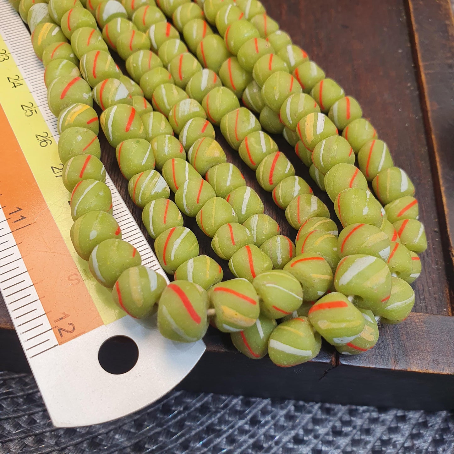 Colorful Lime Green Candy Stripe Beads, Venetian Style Trade Bead Strand, Striped Lampwork Beads for Designers, Ethnic Tribal Style Beads