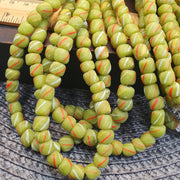 Colorful Lime Green Candy Stripe Strand, Venetian Inspired Skunk Trade Beads, Red White Diagonal Stripes, 8.5mm Glass