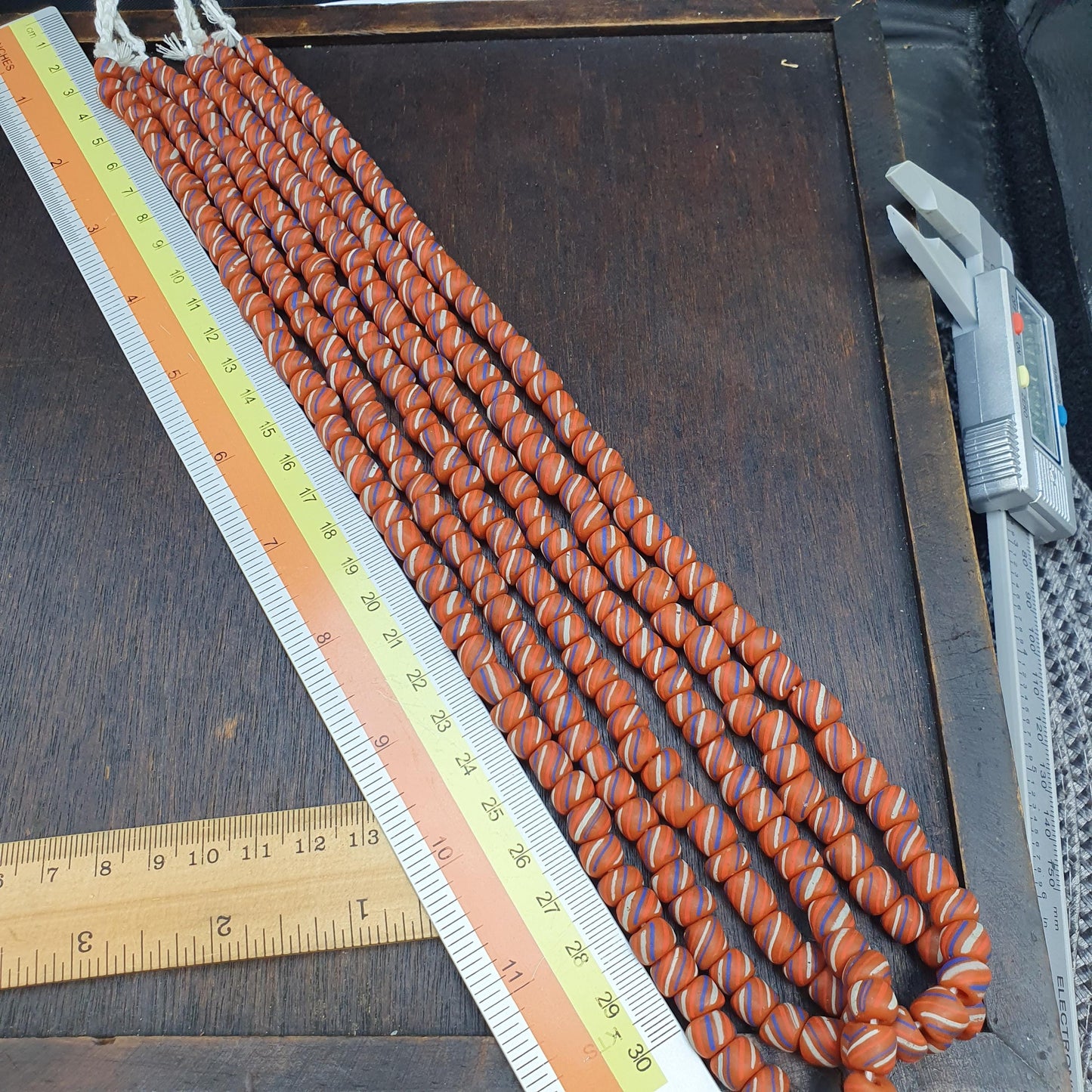 Striped Orange Glass Beads - Venetian Skunk Bead Strand - Orange Blue Stripe African Trade Beads - Boho Jewelry Focal Beads