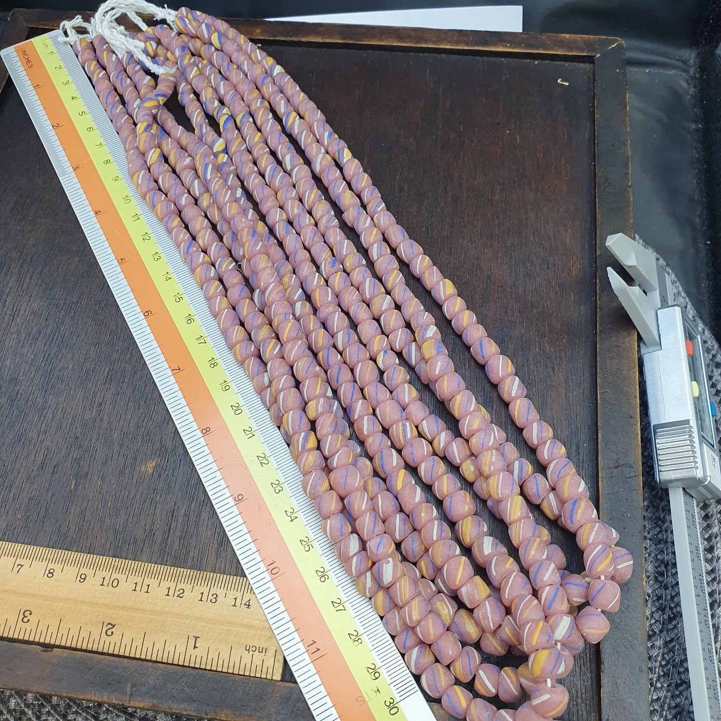 Striped Pink Glass Beads - Venetian Skunk Bead Strand - Pink yellow Blue Stripe African Trade Beads - Boho Jewelry Focal Beads