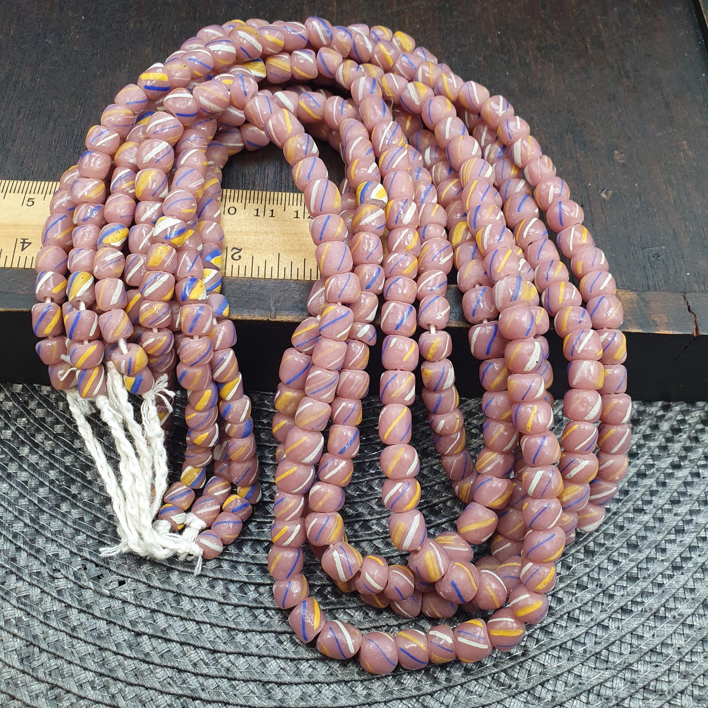 Striped Pink Glass Beads - Venetian Skunk Bead Strand - Pink yellow Blue Stripe African Trade Beads - Boho Jewelry Focal Beads