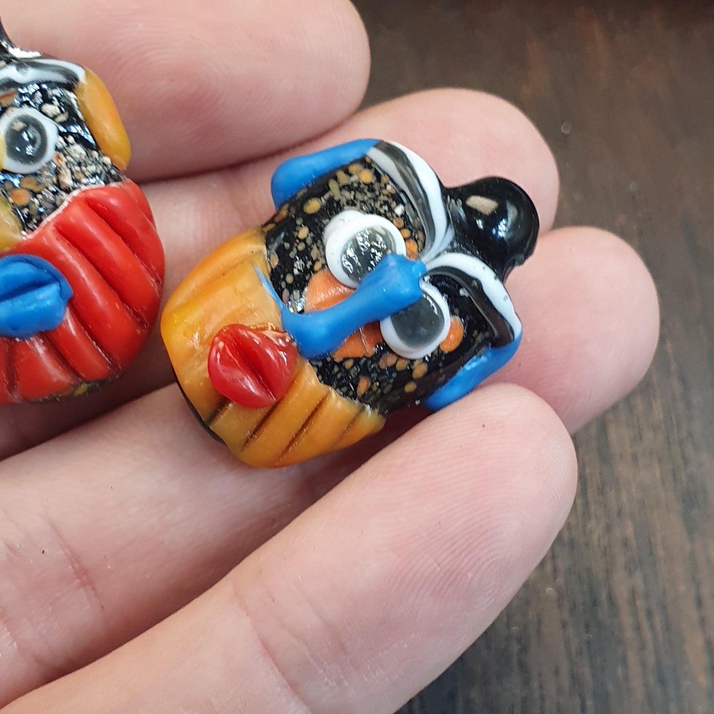 Rare Venetian Style Face Beads Set - Large Murano Glass Figure & Two Head Beads - Handmade Lampwork Art