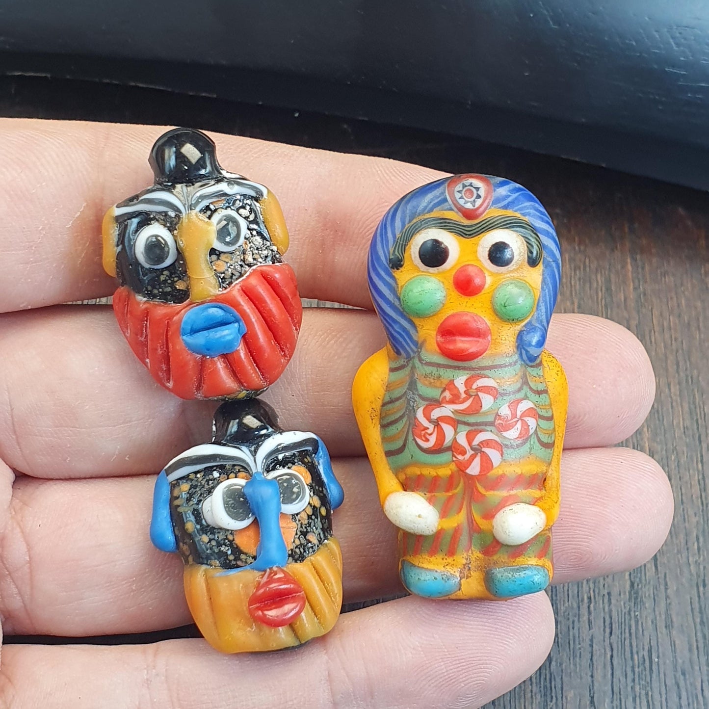 Rare Venetian Style Face Beads Set - Large Murano Glass Figure & Two Head Beads - Handmade Lampwork Art