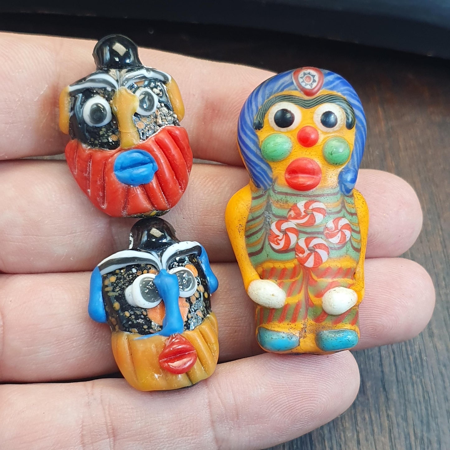 Rare Venetian Style Face Beads Set - Large Murano Glass Figure & Two Head Beads - Handmade Lampwork Art