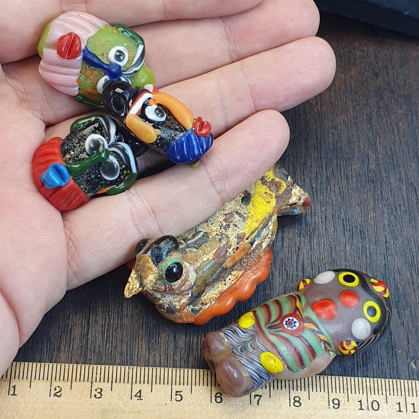 Artisan Glass Face Beads, African Style Bead Lot, Large Figural Bird and Person Beads, Millefiori Lampwork, Whimsical Jewelry Supplies, 5pc