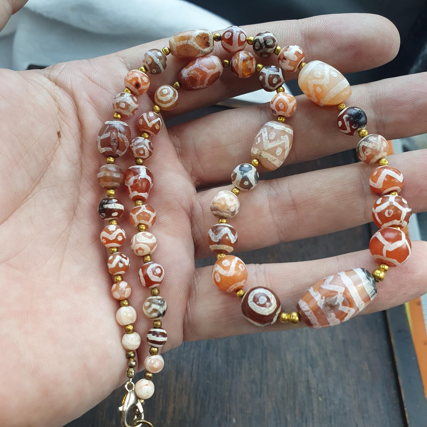 Tibetan Etched Agate Bead Necklace | Tribal Dzi Style Statement Jewelry | Hand-Knotted Bohemian Agate Choker