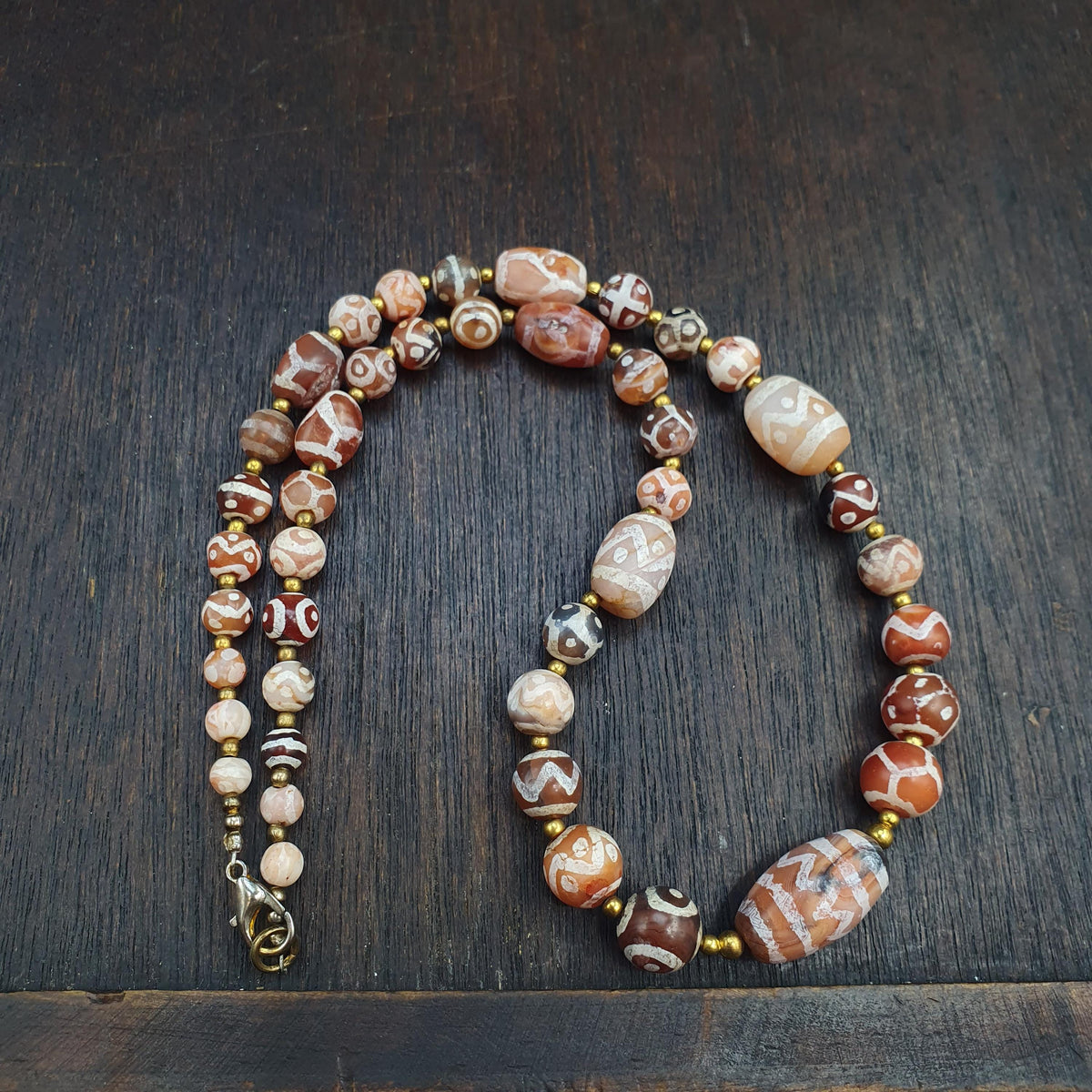 Tibetan Etched Agate Bead Necklace | Tribal Dzi Style Statement Jewelry | Hand-Knotted Bohemian Agate Choker