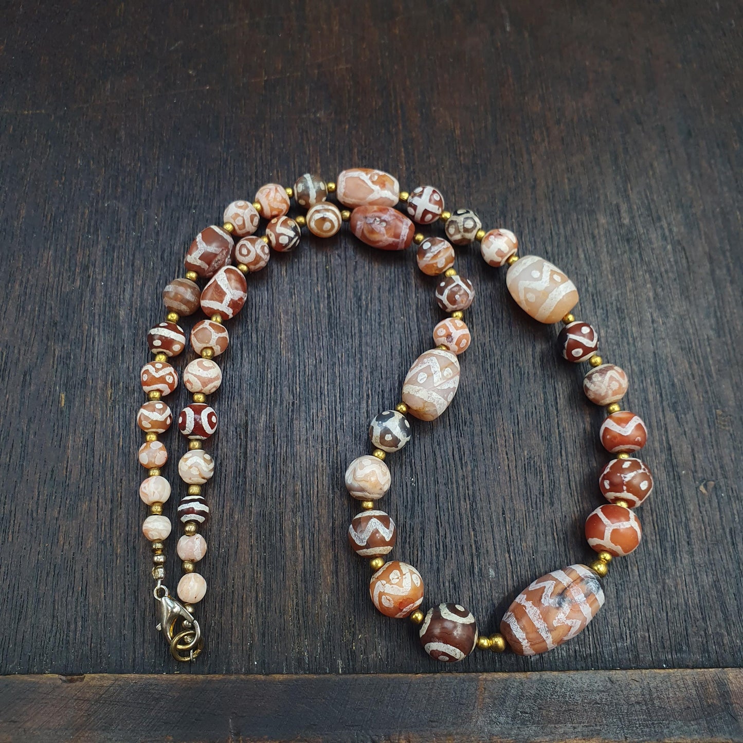Tibetan Etched Agate Bead Necklace | Tribal Dzi Style Statement Jewelry | Hand-Knotted Bohemian Agate Choker