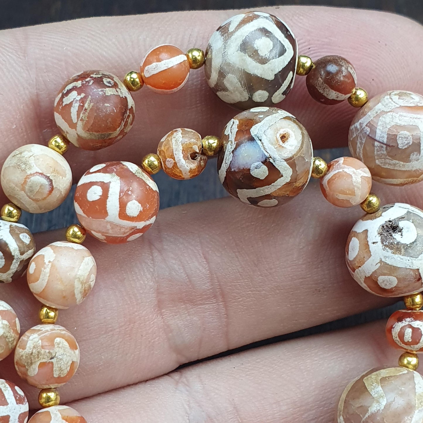 Large Etched Agate Dzi Bead Necklace - Tibetan Style Patterned Stone Jewelry