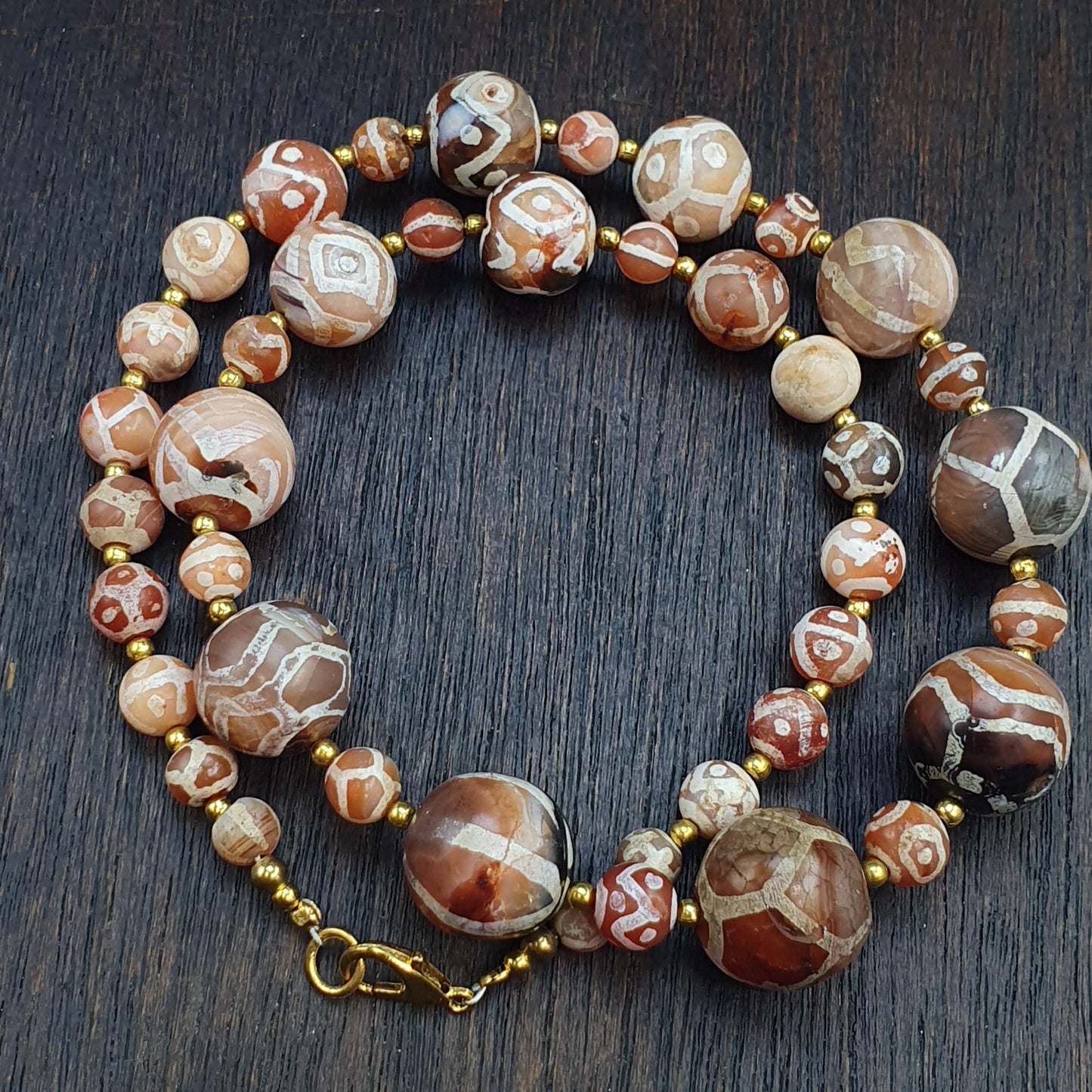Large Etched Agate Dzi Bead Necklace - Tibetan Style Patterned Stone Jewelry