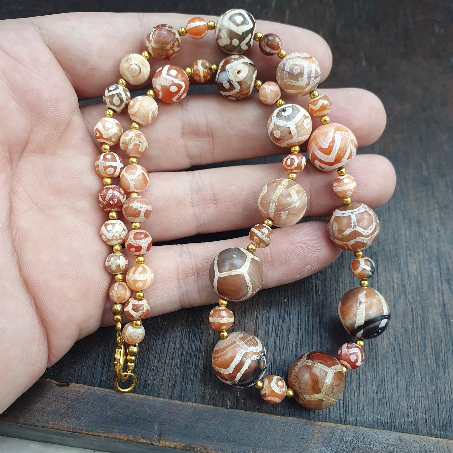 Large Etched Agate Dzi Bead Necklace - Tibetan Style Patterned Stone Jewelry