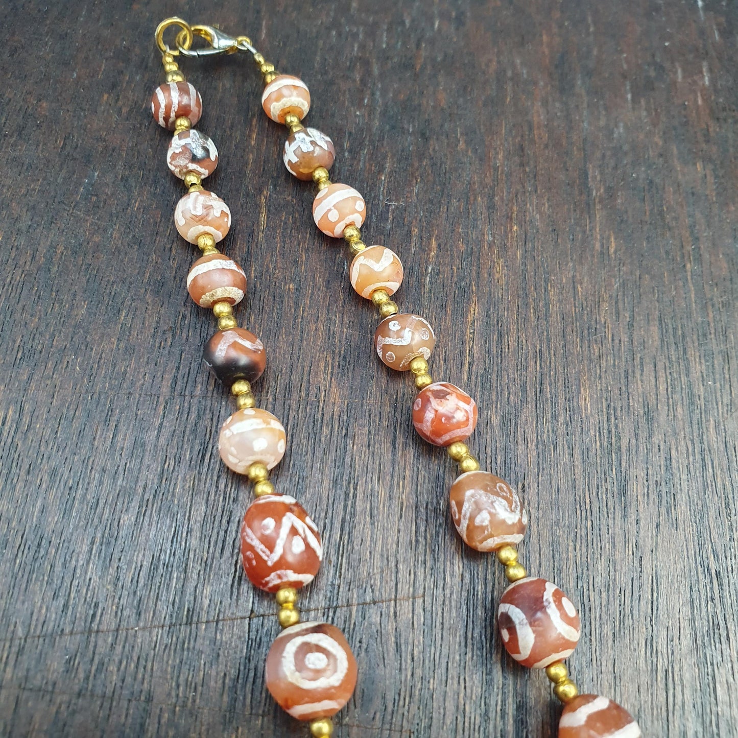 Genuine Patterned Agate Dzi Necklace - Intricately Etched Himalayan Beads - Collector's Tribal Jewelry