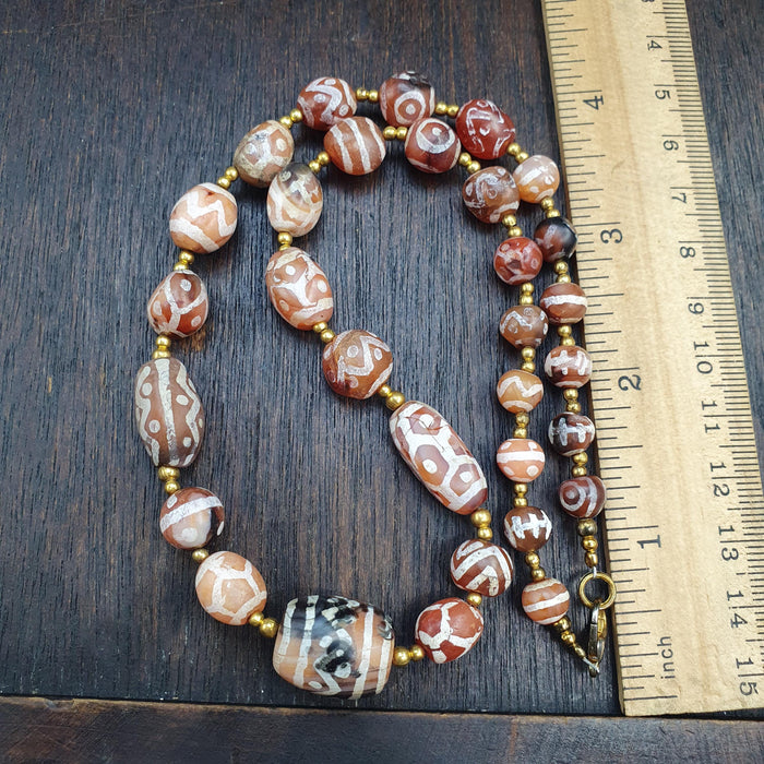 Genuine Patterned Agate Dzi Necklace - Intricately Etched Himalayan Beads - Collector's Tribal Jewelry