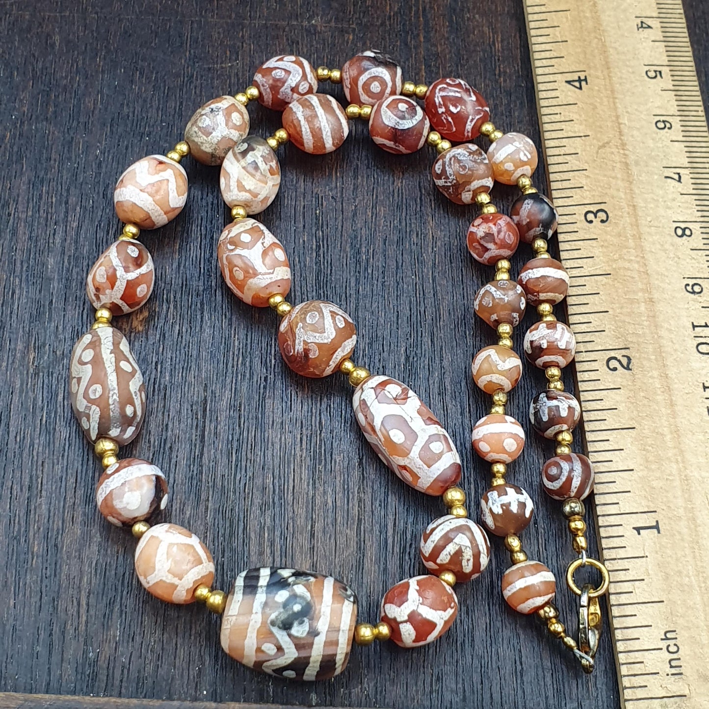 Genuine Patterned Agate Dzi Necklace - Intricately Etched Himalayan Beads - Collector's Tribal Jewelry