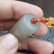 Chalcedony Cylinder Seal Pendant - Hand-Carved Sasanian Hunter Motif - Carnelian & Turquoise Beaded Necklace