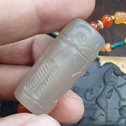 Chalcedony Cylinder Seal Pendant - Hand-Carved Sasanian Hunter Motif - Carnelian & Turquoise Beaded Necklace