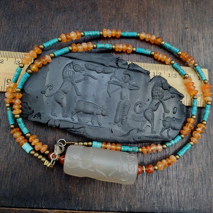 Chalcedony Cylinder Seal Pendant - Hand-Carved Sasanian Hunter Motif - Carnelian & Turquoise Beaded Necklace