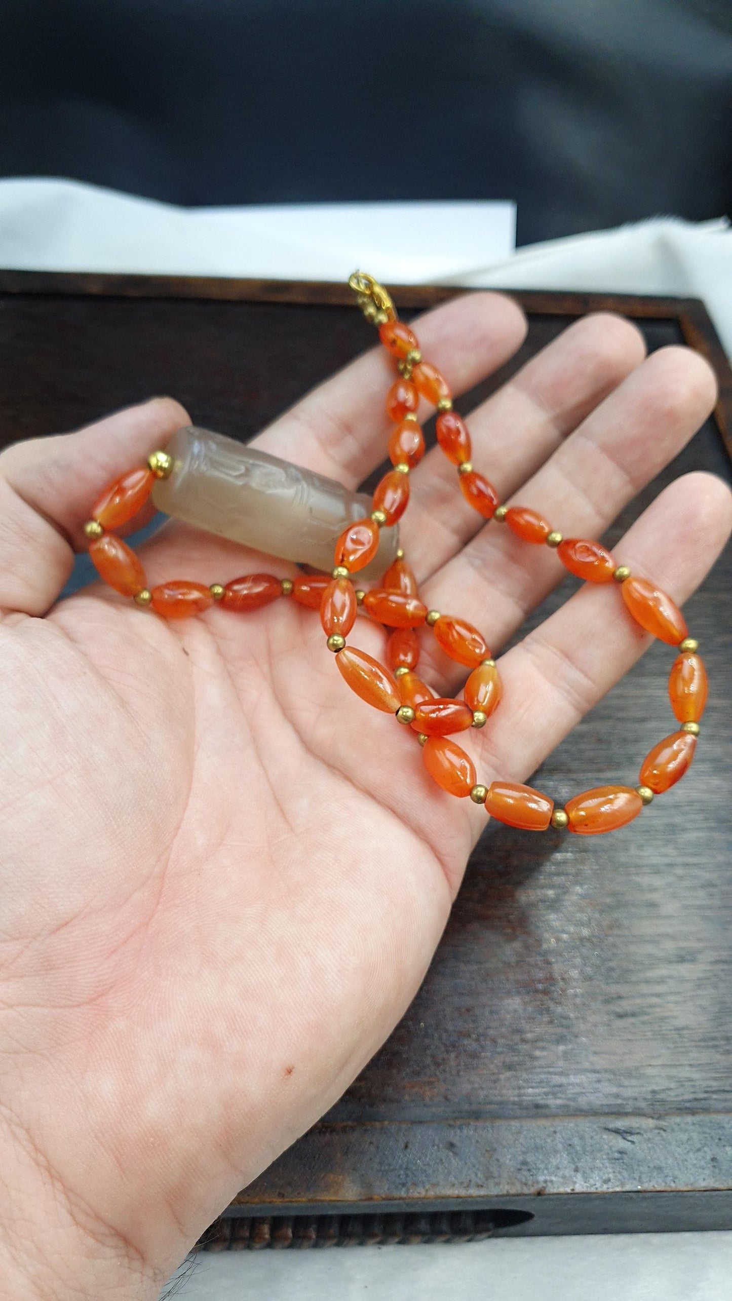 Translucent Chalcedony Cylinder Seal Necklace | Hand-Carved Mesopotamian Animal Motif | Historical Statement Jewelry
