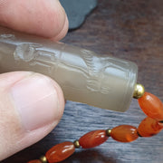 Translucent Chalcedony Cylinder Seal Necklace | Hand-Carved Mesopotamian Animal Motif | Historical Statement Jewelry